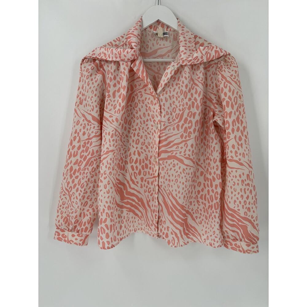 Inseparables Vintage Blouse Womens 12 Pink White Leopard Animal Print Pussybow